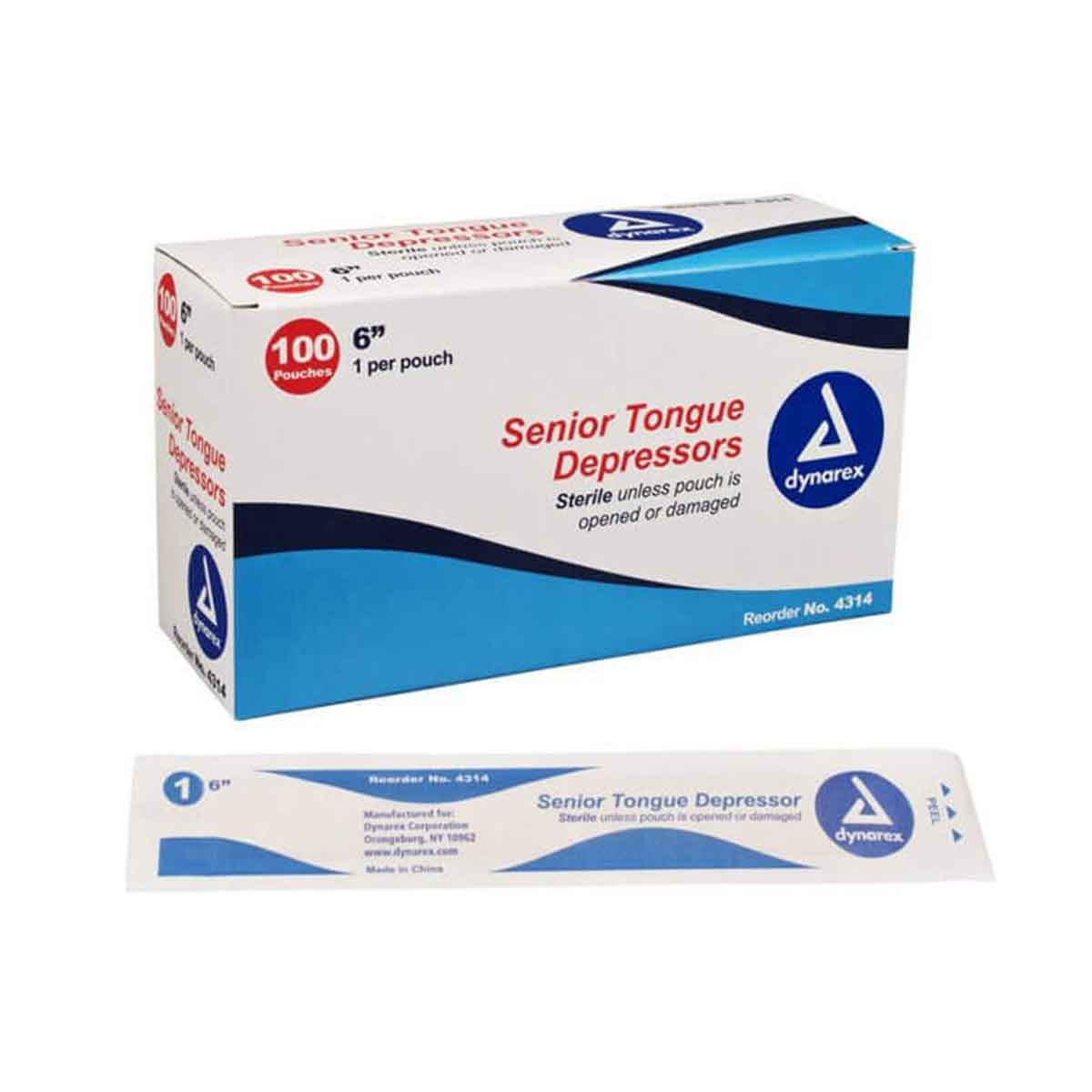 Box of Dynarex senior tongue depressors on a white background