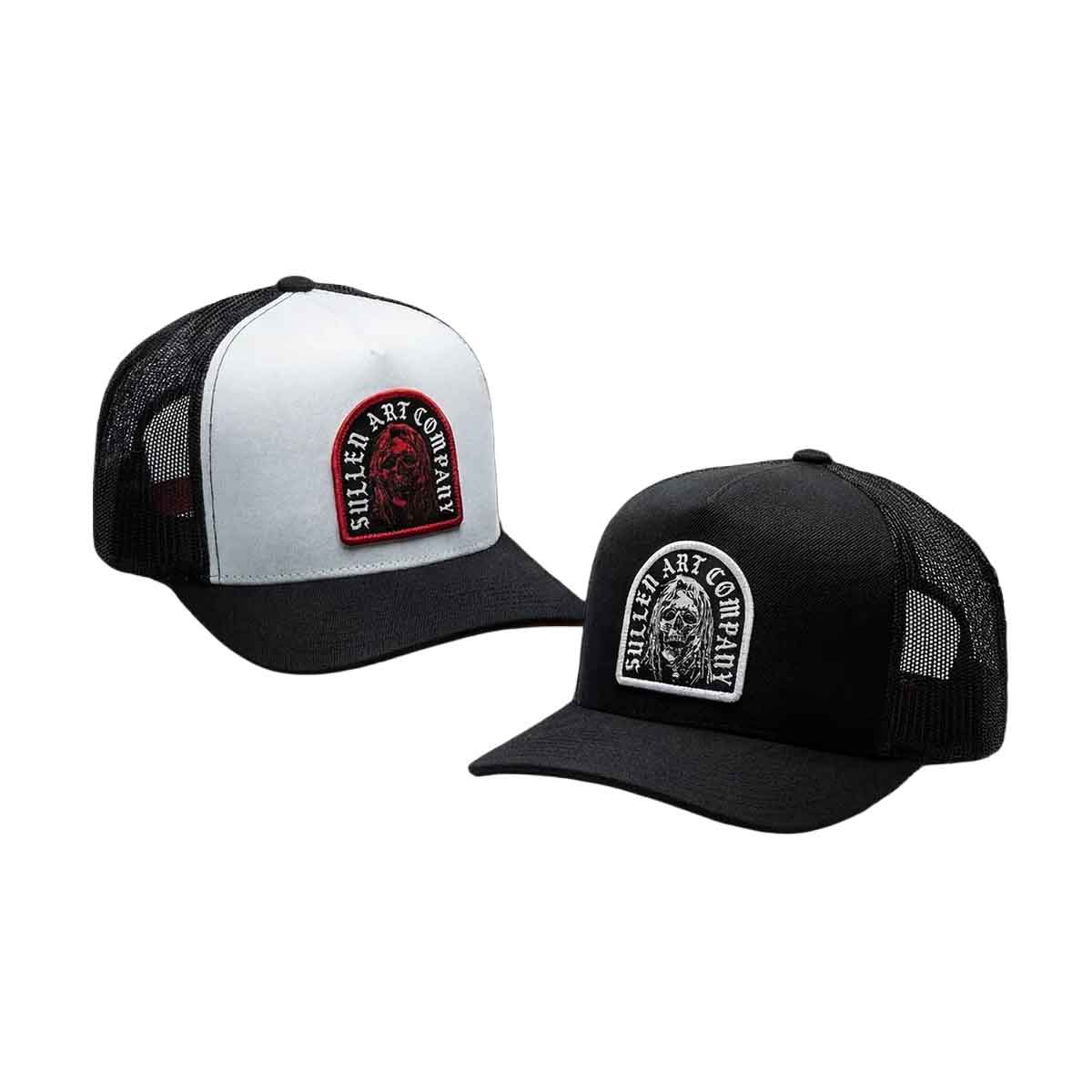Two trucker hats with brand logos on a white background