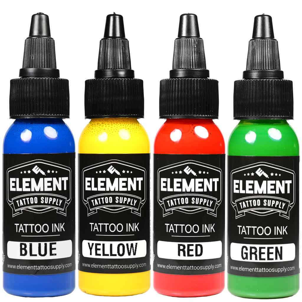 Four bottles of Element Tattoo Supply ink in blue, yellow, red, and green on a white background.