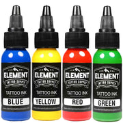 Four bottles of Element Tattoo Supply ink in blue, yellow, red, and green on a white background.