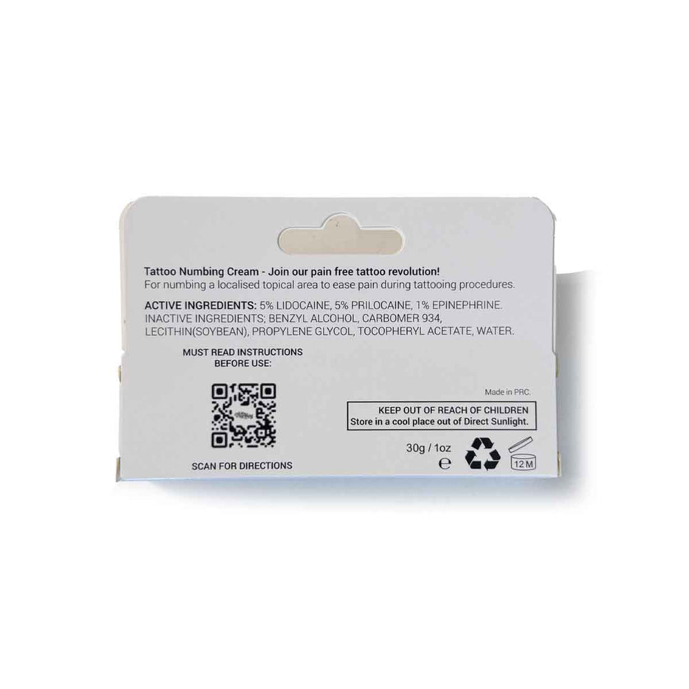 Tattoo numbing cream packaging with label and QR code on a white background