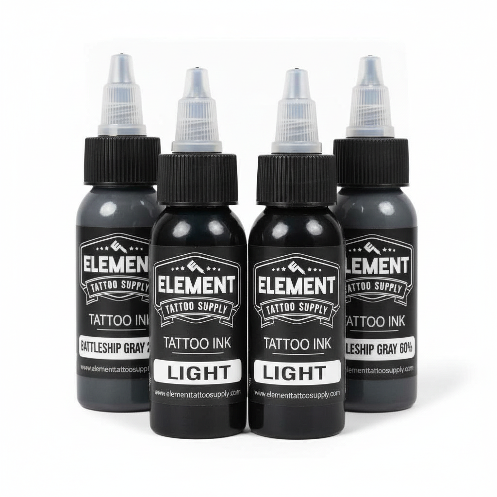 Element Battleship Gray 3 Shade Greywash Tattoo Ink Set, 7 Bottles