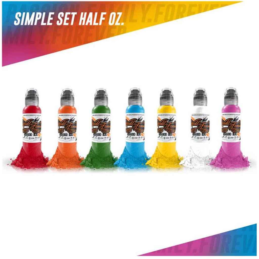 7 Color Simple Set, World Famous Tattoo Ink 1/2 oz