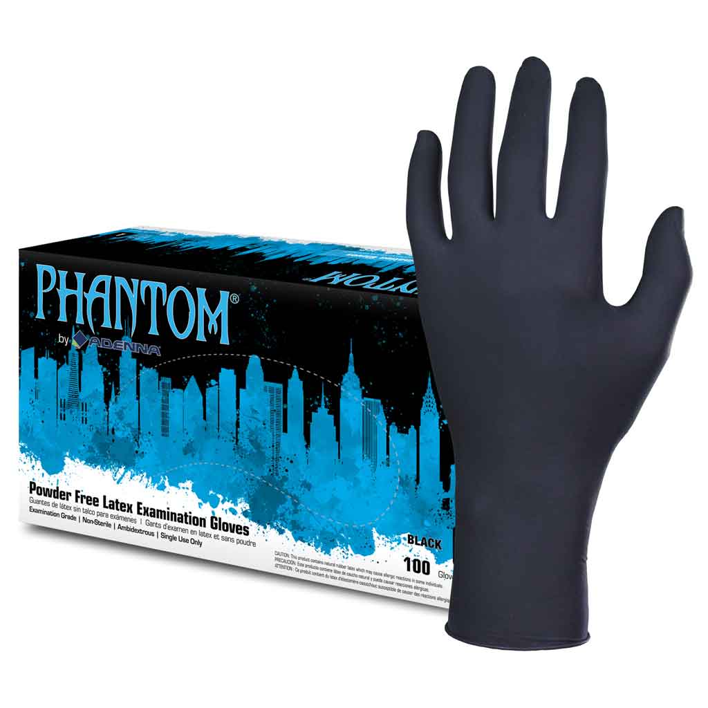 PHANTOM Black Latex Powder Free Exam Gloves, 6 mil Adenna
