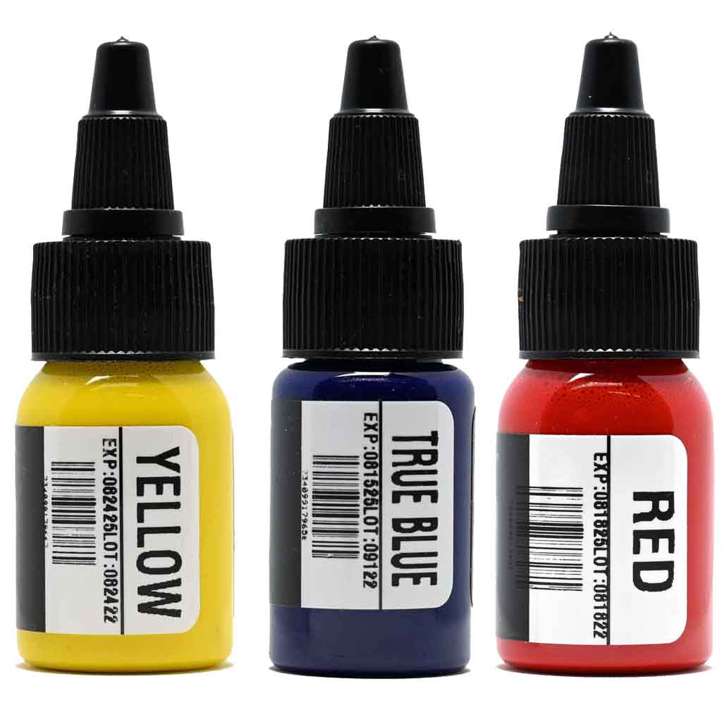 Yellow True Blue and Red tattoo ink by elemen tattoo supply
