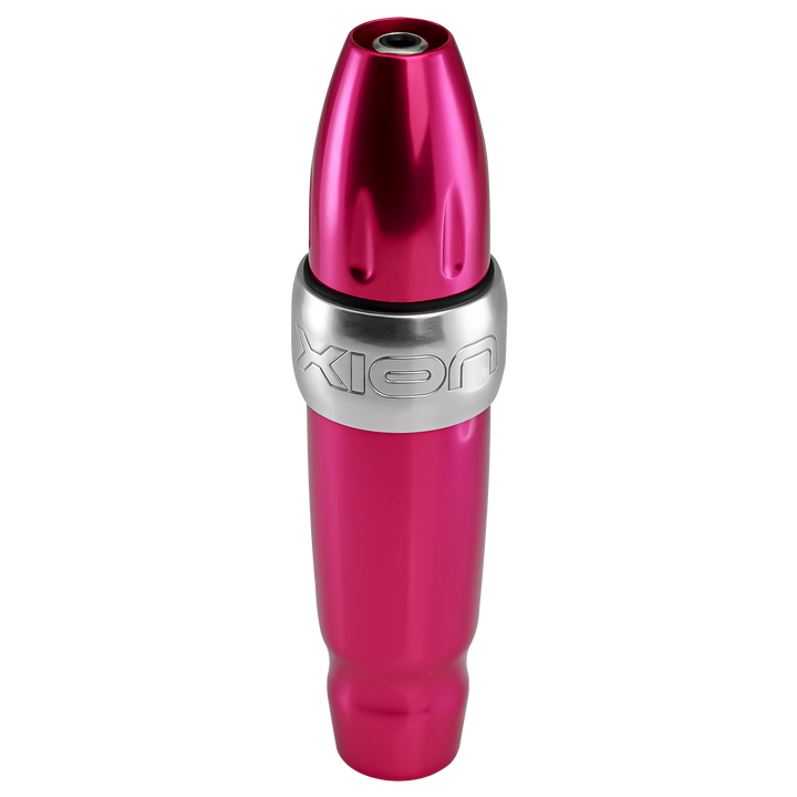 Xion S, one of the most versatile machines in the PMU industry, which allows you to easily change the give and the stroke length, shown in bubblegum pink anodized alluminum, view of RCA plug