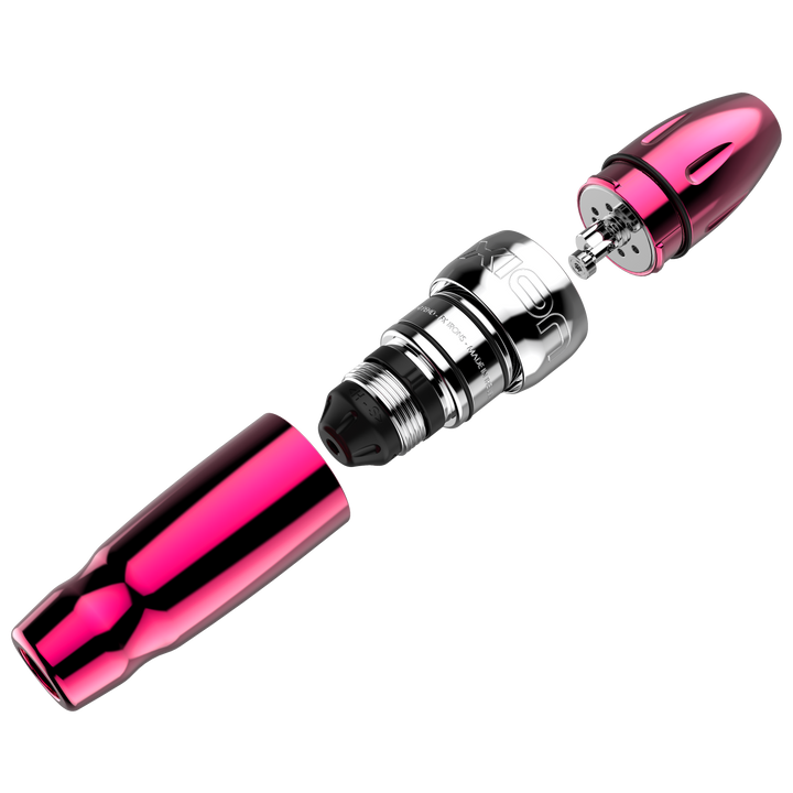 Xion S, one of the most versatile machines in the PMU industry, which allows you to easily change the give and the stroke length, shown in bubblegum pink anodized alluminum