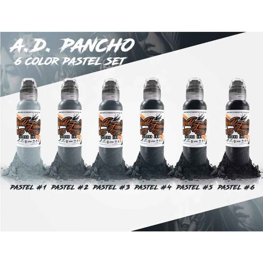 A.D. Pancho 6-Color Pastel Greys Set, World Famous Tattoo Ink 1 oz