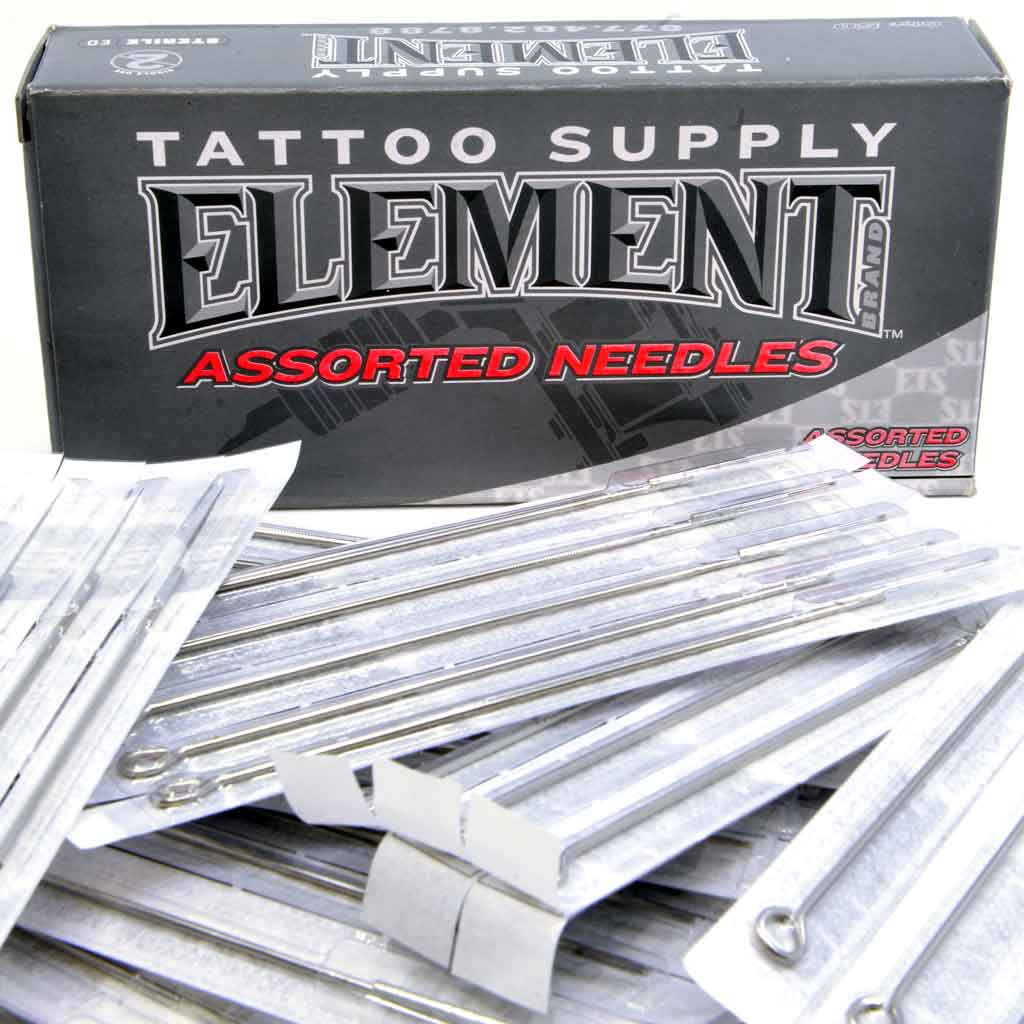 assorted tattoo needles from element tattoo supply box of 50 tattoo pre-made tattoo needles